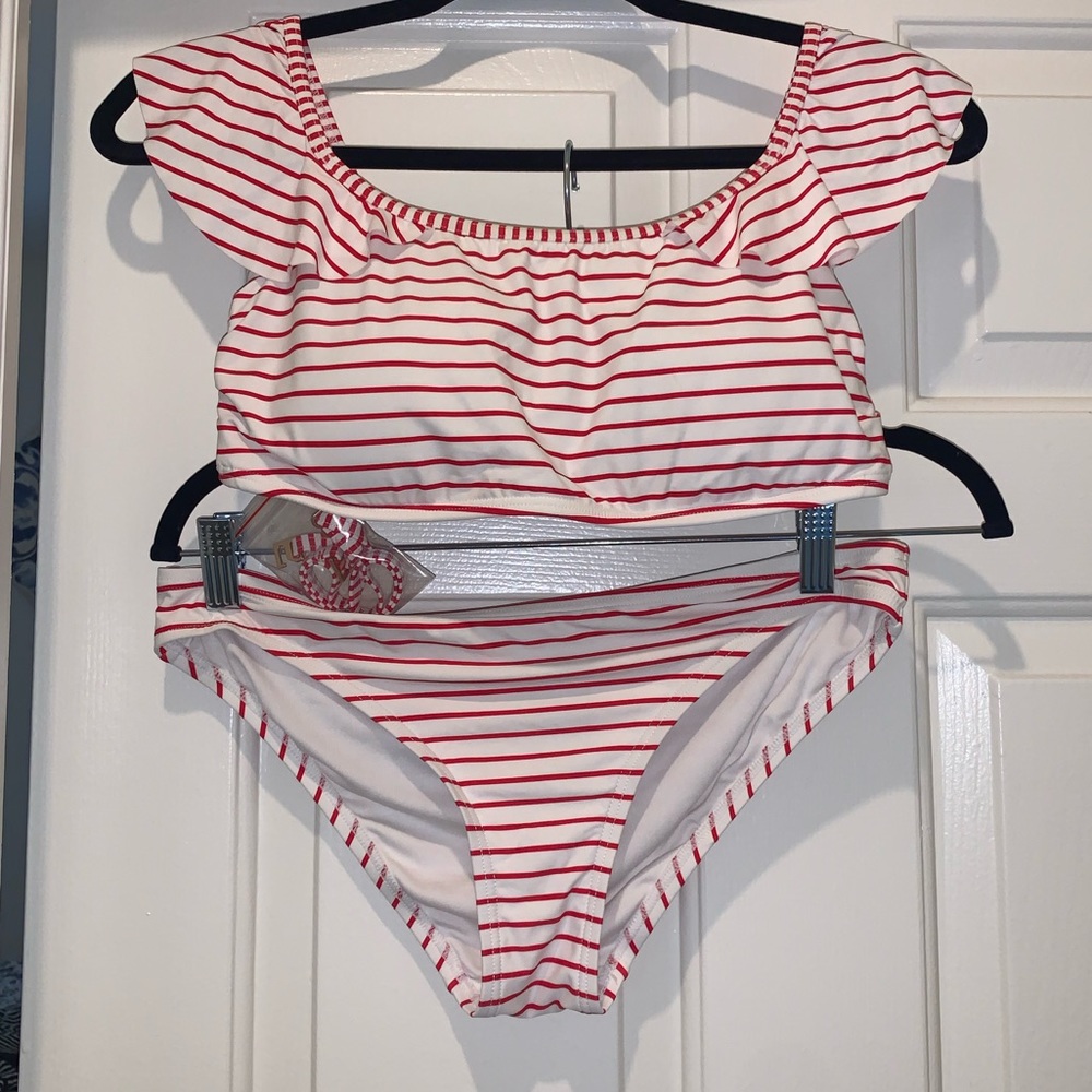 white & red striped bikini set.